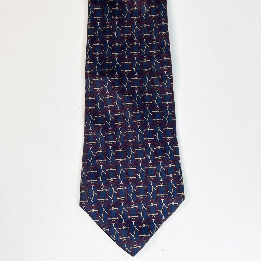 Bert Pulitzer Horsebit Print Mens Neck Tie Navy Blue Burgundy Tan 100% Silk USA